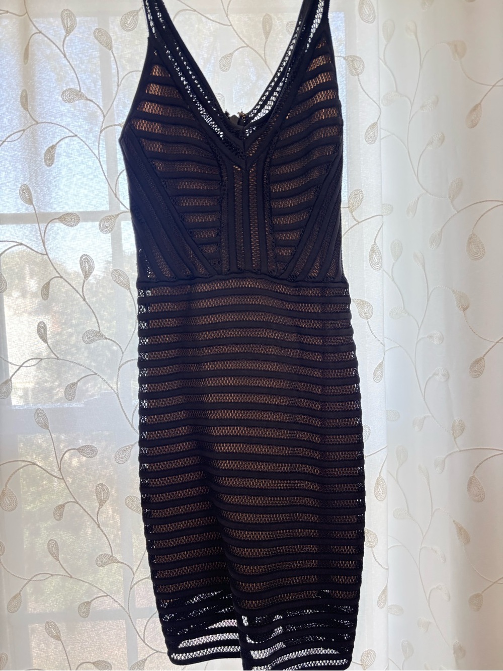 bebe Black Striped Sheer V-Neck Mini Dress
